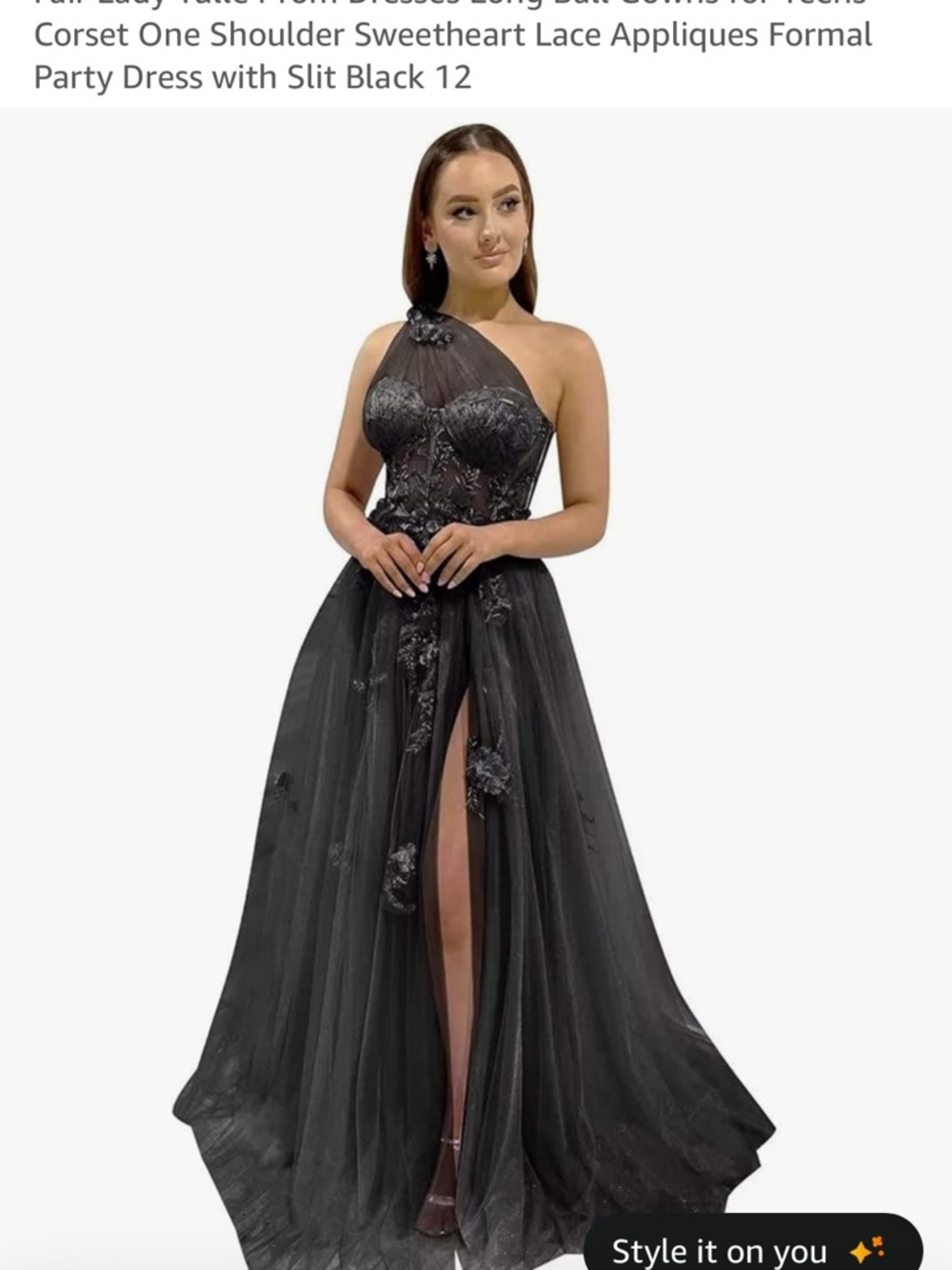 One-Shoulder Black Prom Gown with Lace Appliqué and Thigh Slit